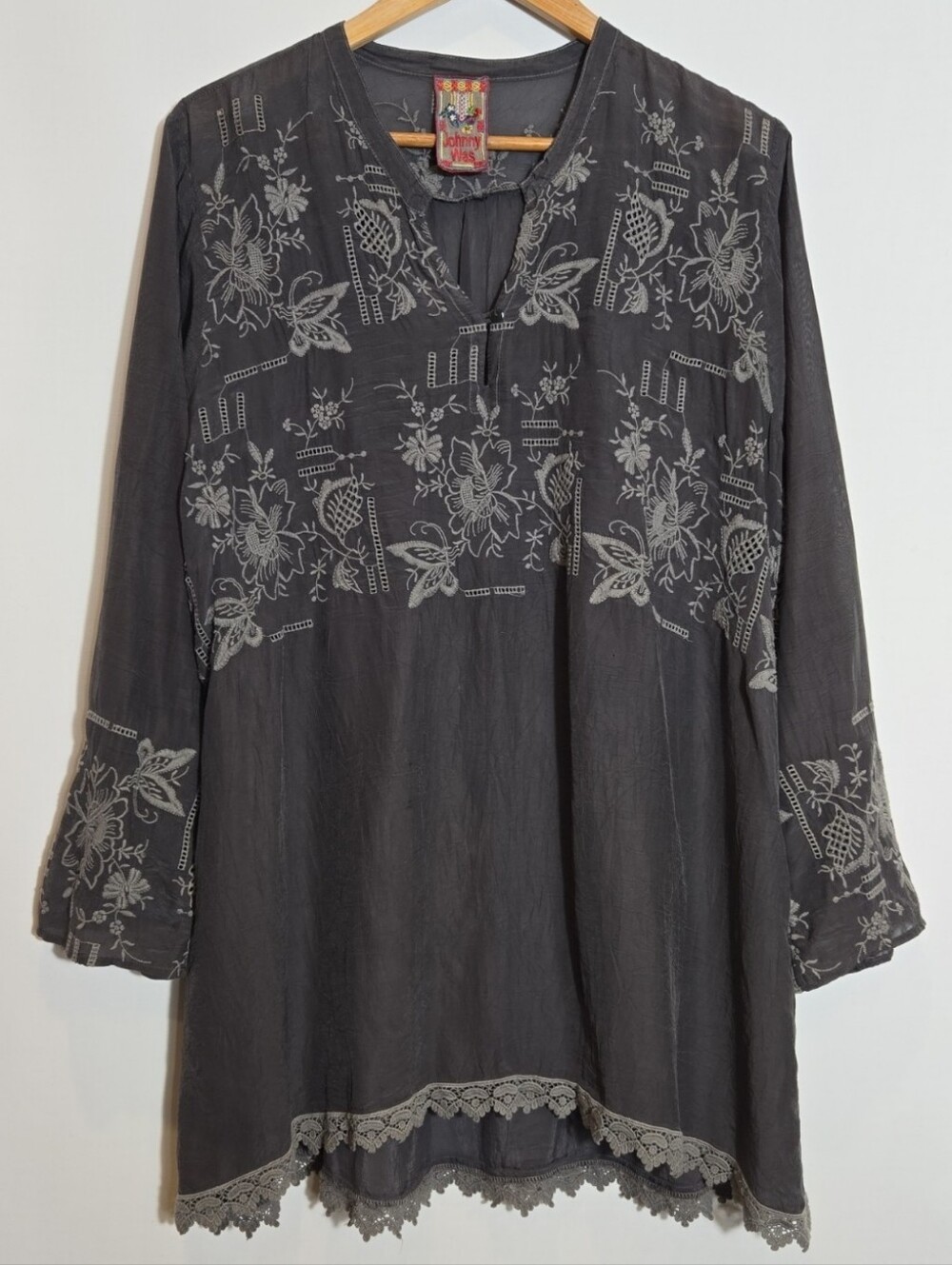 Johnny Was 100% Cupra Embroidered Boho Tunic Blouse Top Grey Bohemian XL 1X